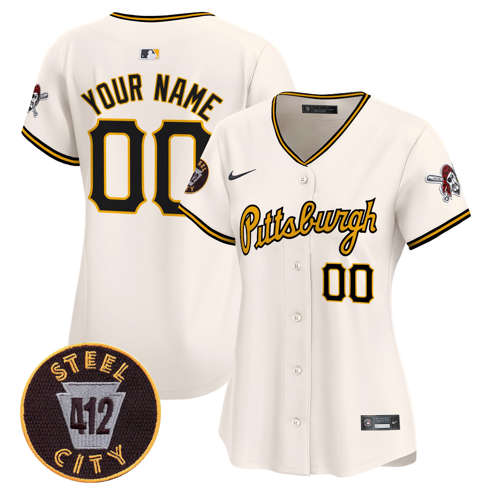 Pittsburgh Pirates 412 Patch Vapor Premier Limited Custom Jersey V4 - All Stitched - Women, Cream