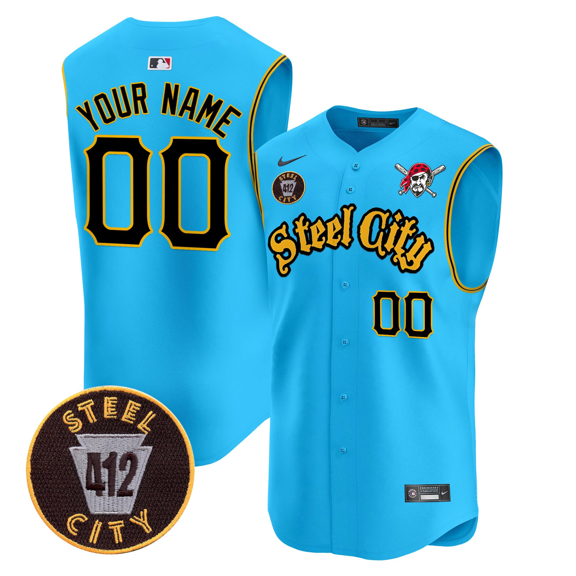 Pittsburgh Pirates 412 Patch Vapor Premier Sleeveless Custom Jersey - All Stitched - Youth, Light Blue