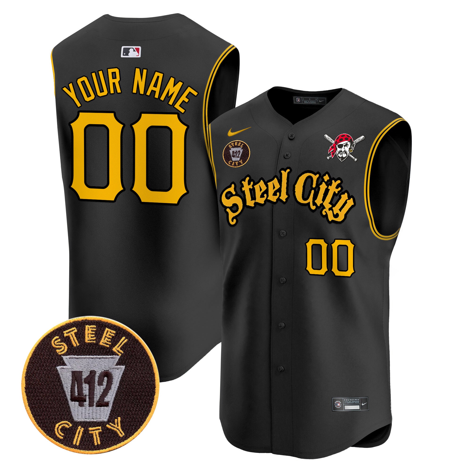 Pittsburgh Pirates 412 Patch Vapor Premier Sleeveless Custom Jersey - All Stitched - Men, Black