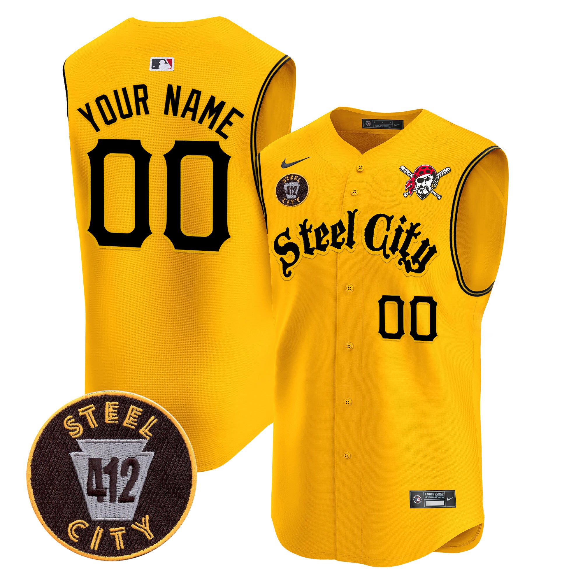 Pittsburgh Pirates 412 Patch Vapor Premier Sleeveless Custom Jersey - All Stitched - Men, Gold