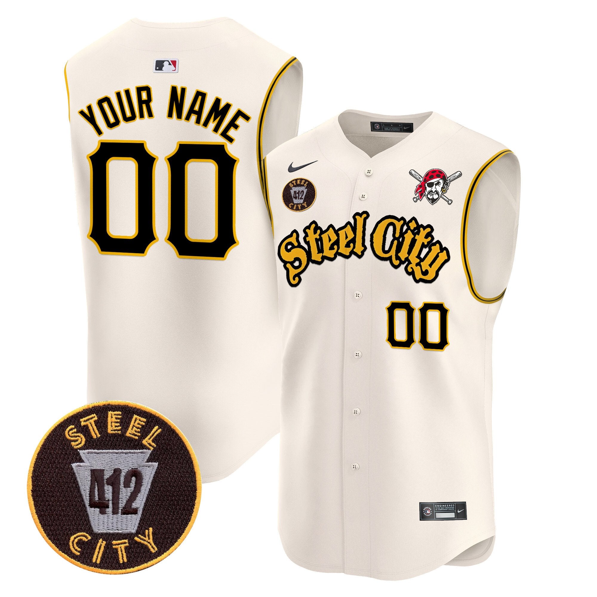Pittsburgh Pirates 412 Patch Vapor Premier Sleeveless Custom Jersey - All Stitched - Men, Cream