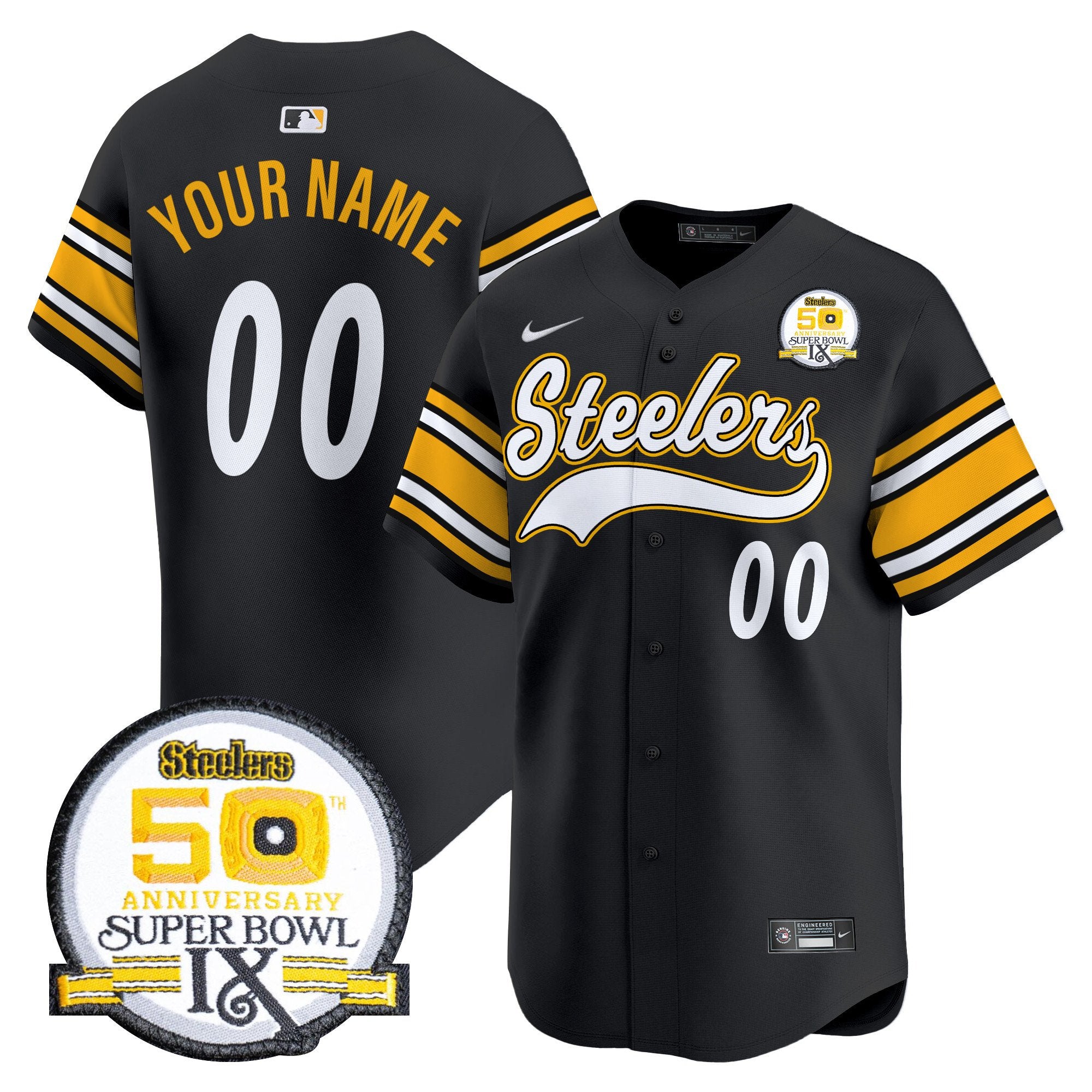 Steelers 50th Anniversary Of Super Bowl IX Patch Vapor Premier Baseball Custom Jersey - All Stitched - Men, Black
