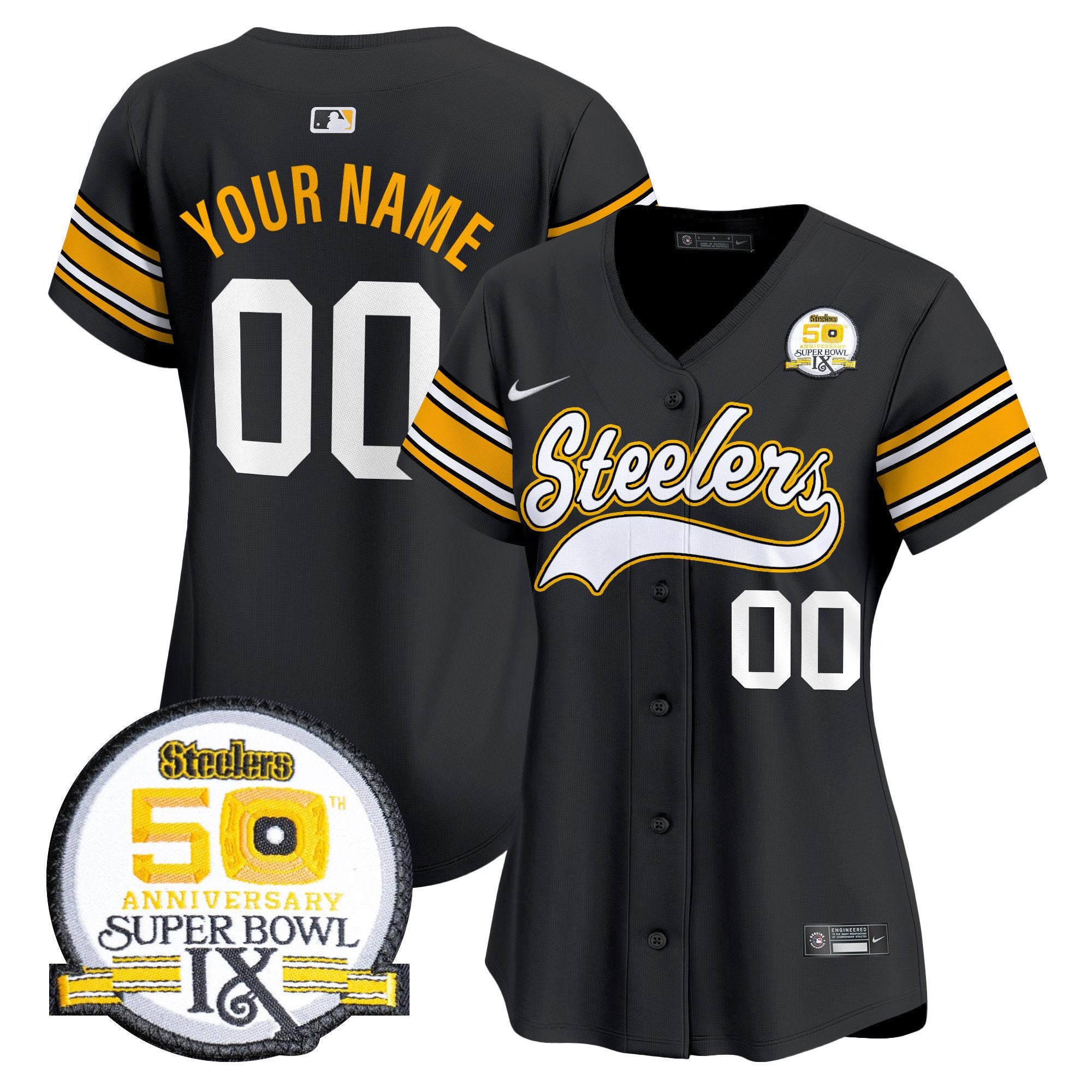 Steelers 50th Anniversary Of Super Bowl IX Patch Vapor Premier Baseball Custom Jersey - All Stitched - Women, 1975 Throwback