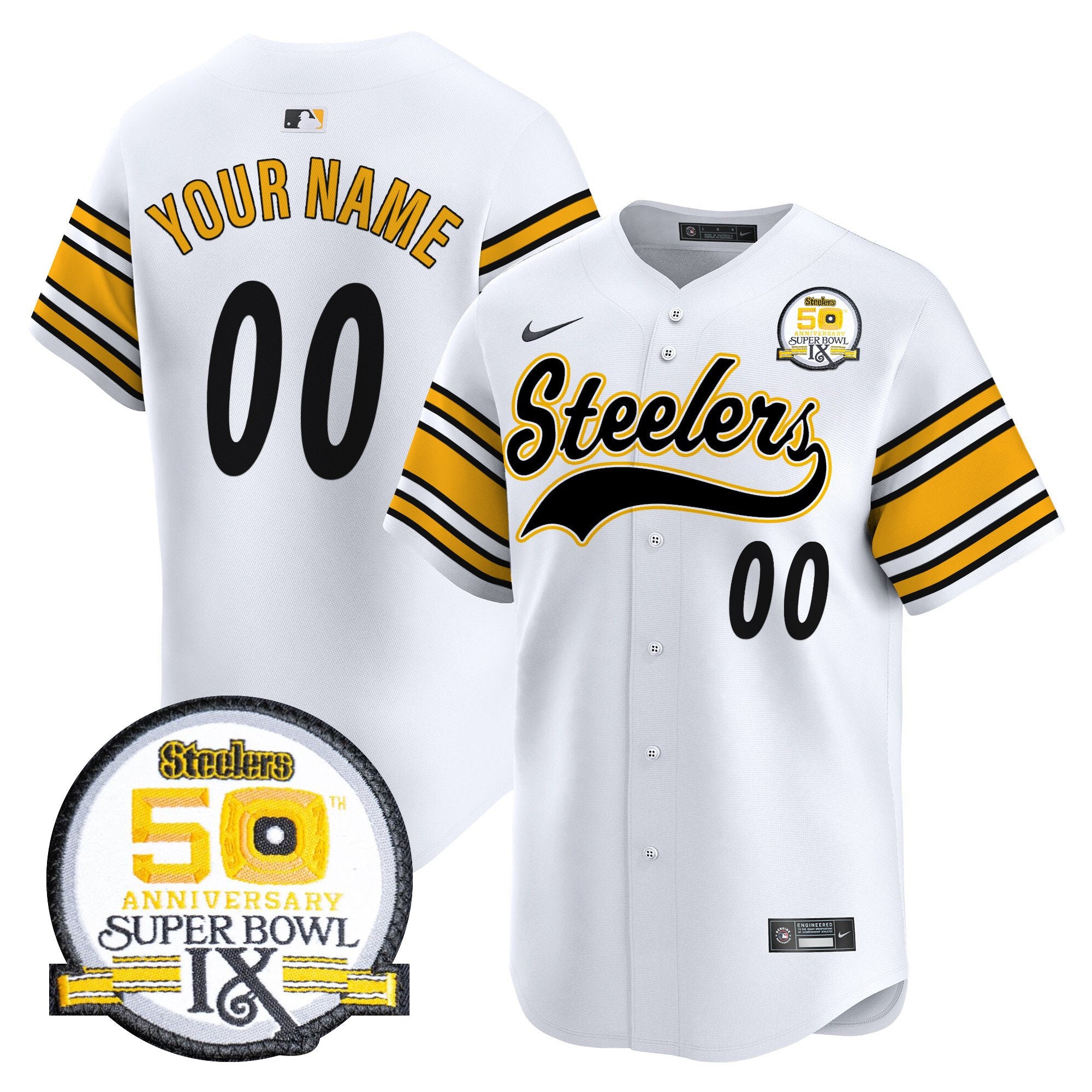 Steelers 50th Anniversary Of Super Bowl IX Patch Vapor Premier Baseball Custom Jersey - All Stitched - Men, White