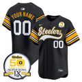 Steelers 50th Anniversary Of Super Bowl IX Patch Vapor Premier Baseball Custom Jersey - All Stitched - Men, 1975 Throwback
