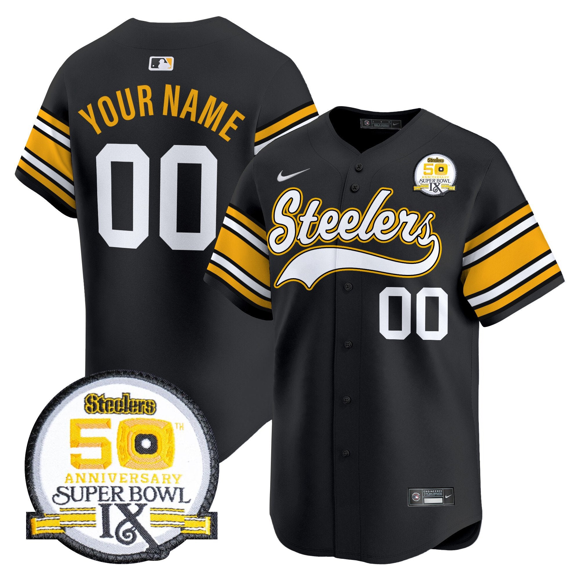 Steelers 50th Anniversary Of Super Bowl IX Patch Vapor Premier Baseball Custom Jersey - All Stitched - Men, 1975 Throwback