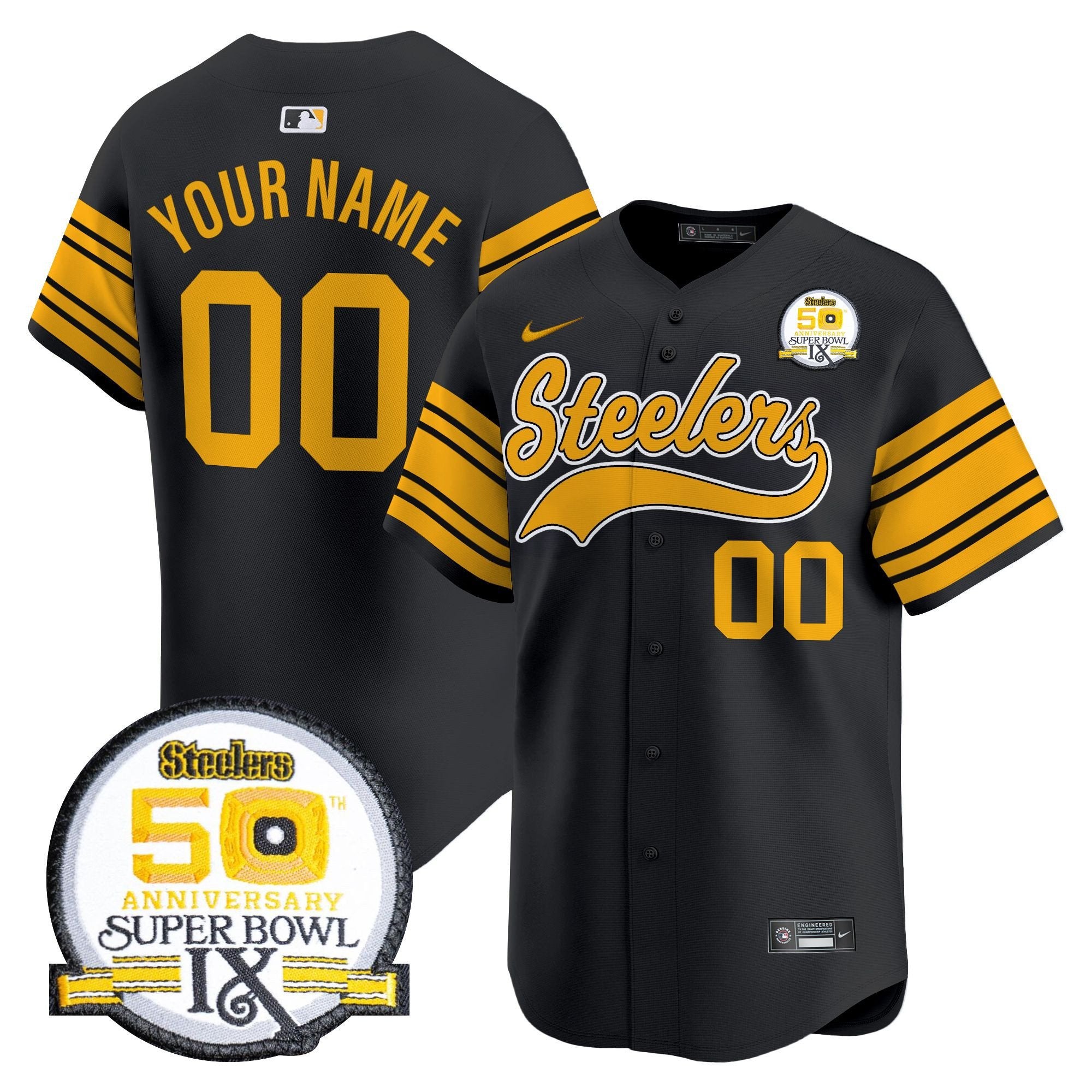 Steelers 50th Anniversary Of Super Bowl IX Patch Vapor Premier Baseball Custom Jersey - All Stitched - Men, Color Rush