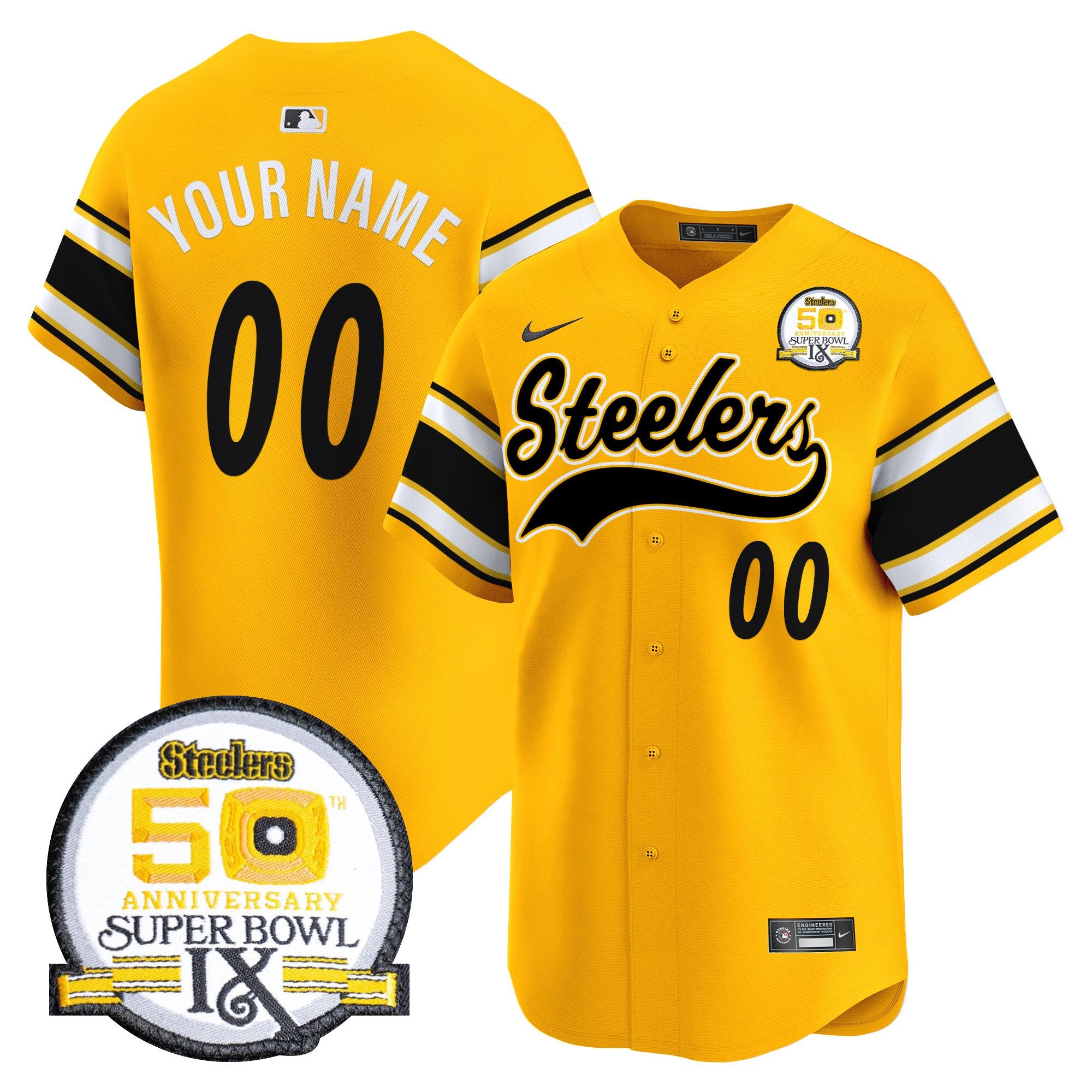 Steelers 50th Anniversary Of Super Bowl IX Patch Vapor Premier Baseball Custom Jersey - All Stitched - Men, Gold