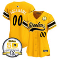 Steelers 50th Anniversary Of Super Bowl IX Patch Vapor Premier Baseball Custom Jersey - All Stitched - Women, Gold