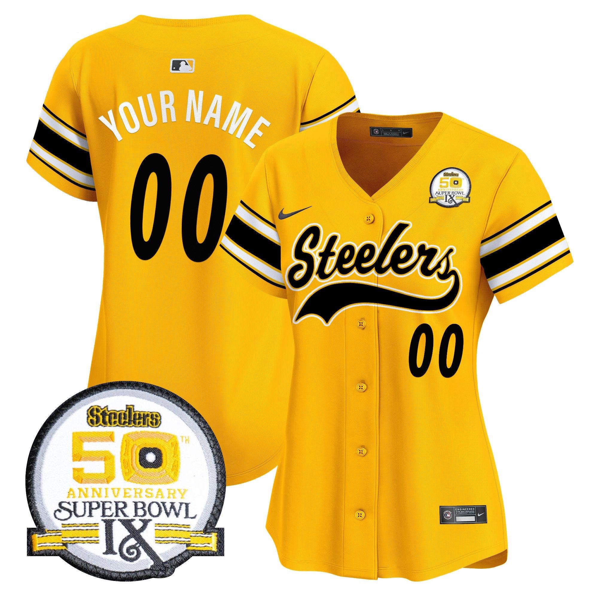 Steelers 50th Anniversary Of Super Bowl IX Patch Vapor Premier Baseball Custom Jersey - All Stitched - Women, Gold