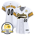 Steelers 50th Anniversary Of Super Bowl IX Patch Vapor Premier Baseball Custom Jersey - All Stitched - Women, White