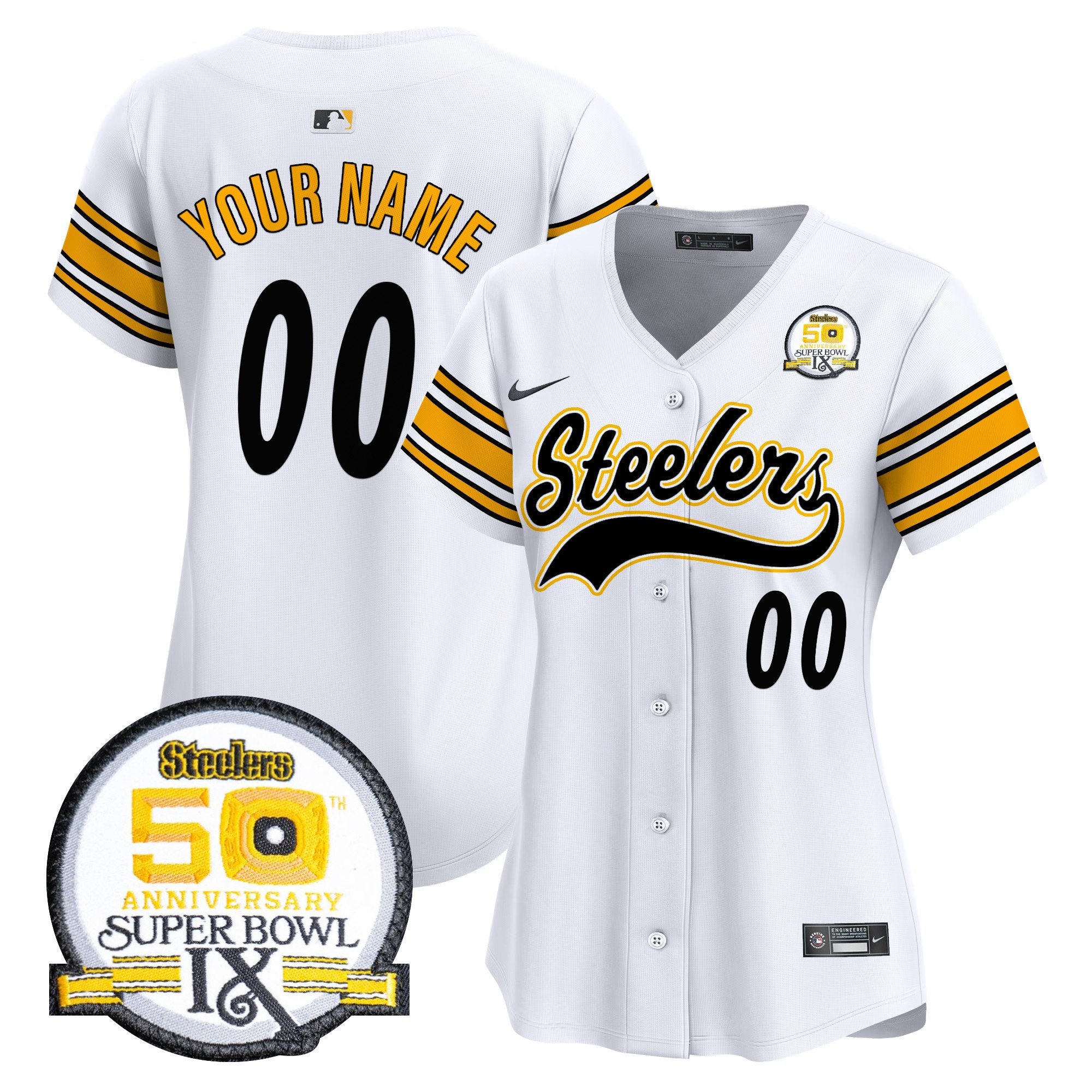 Steelers 50th Anniversary Of Super Bowl IX Patch Vapor Premier Baseball Custom Jersey - All Stitched - Women, White