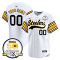 Steelers 50th Anniversary Of Super Bowl IX Patch Vapor Premier Baseball Custom Jersey - All Stitched - Men, 1975 White