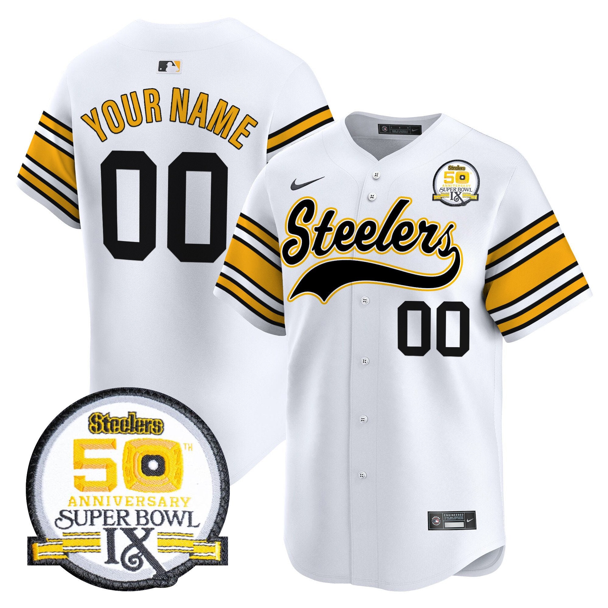 Steelers 50th Anniversary Of Super Bowl IX Patch Vapor Premier Baseball Custom Jersey - All Stitched - Men, 1975 White