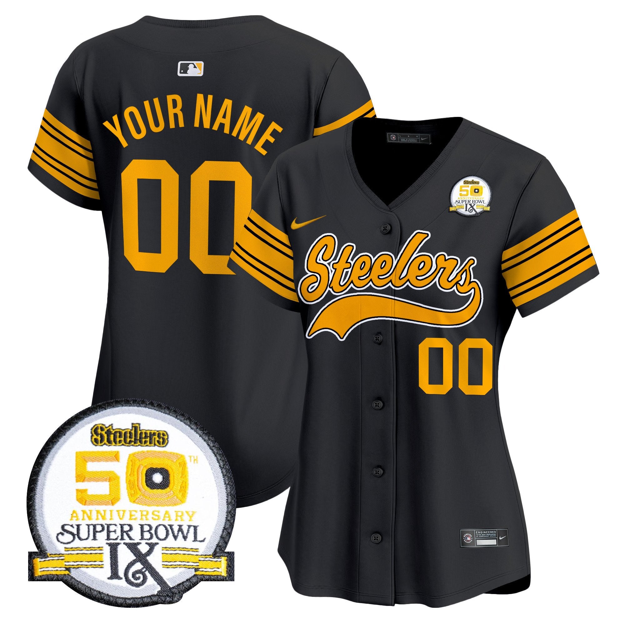 Steelers 50th Anniversary Of Super Bowl IX Patch Vapor Premier Baseball Custom Jersey - All Stitched - Women, Color Rush