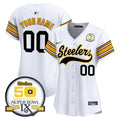 Steelers 50th Anniversary Of Super Bowl IX Patch Vapor Premier Baseball Custom Jersey - All Stitched - Women, 1975 White