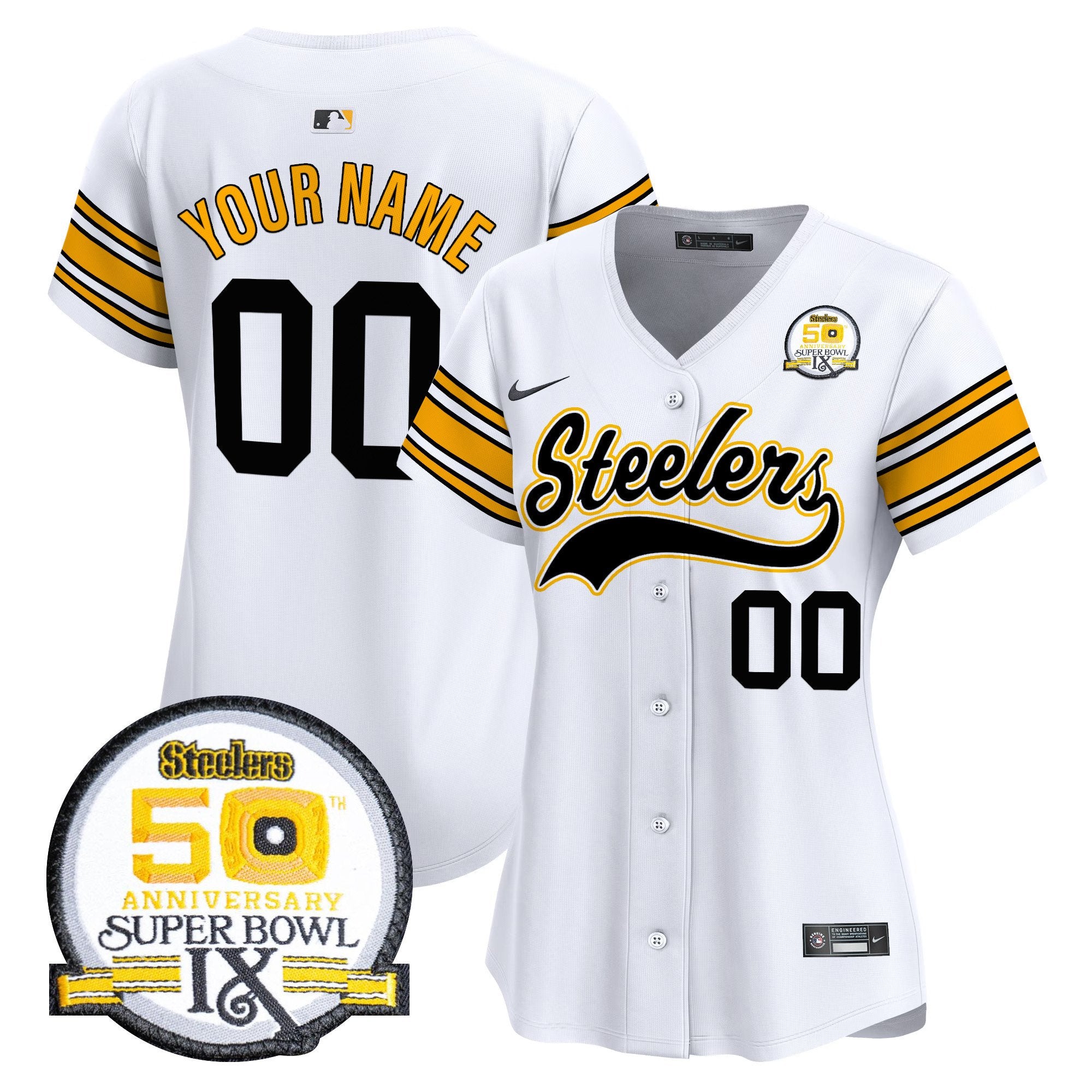 Steelers 50th Anniversary Of Super Bowl IX Patch Vapor Premier Baseball Custom Jersey - All Stitched - Women, 1975 White