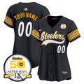 Steelers 50th Anniversary Of Super Bowl IX Patch Vapor Premier Baseball Custom Jersey - All Stitched - Women, Black