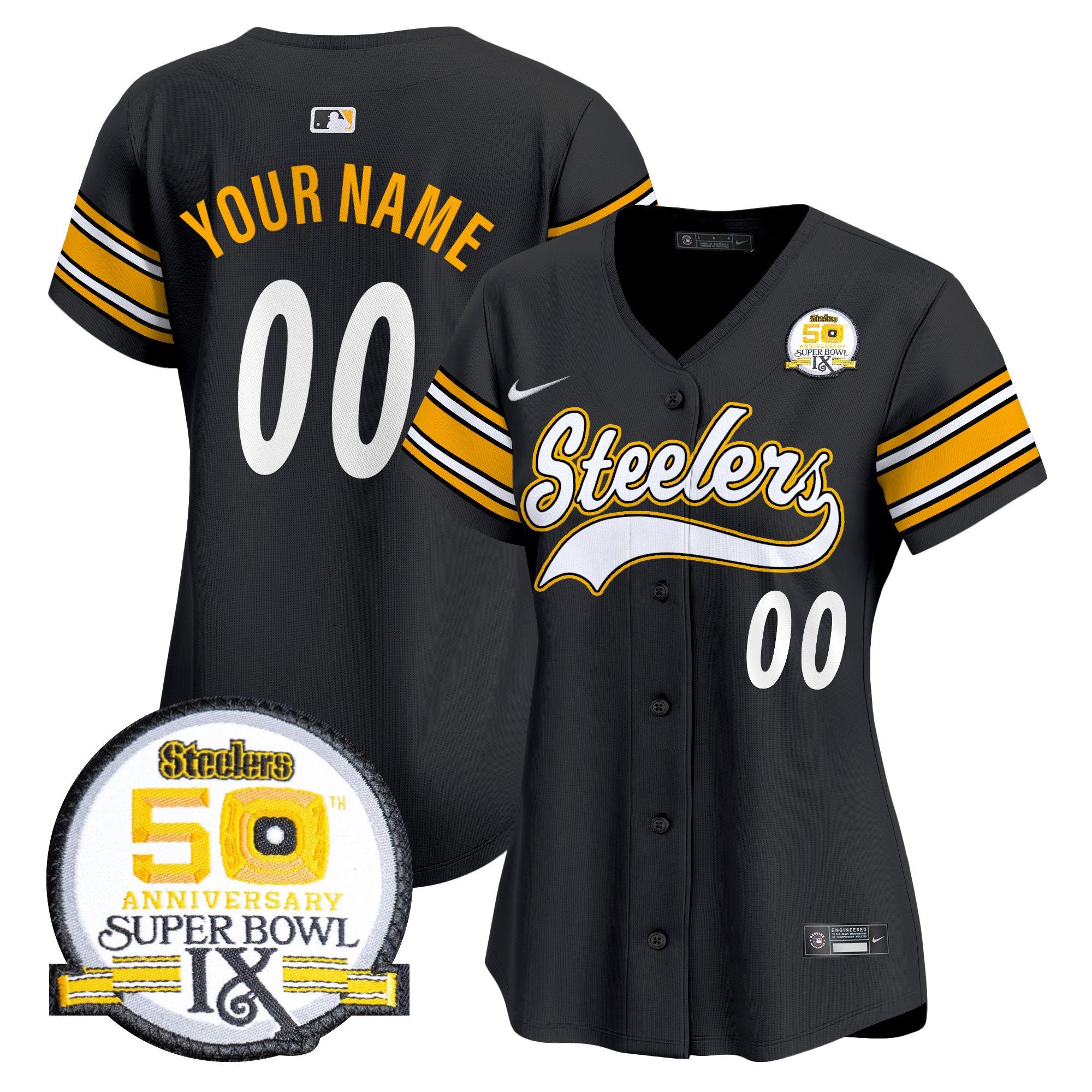 Steelers 50th Anniversary Of Super Bowl IX Patch Vapor Premier Baseball Custom Jersey - All Stitched - Women, Black