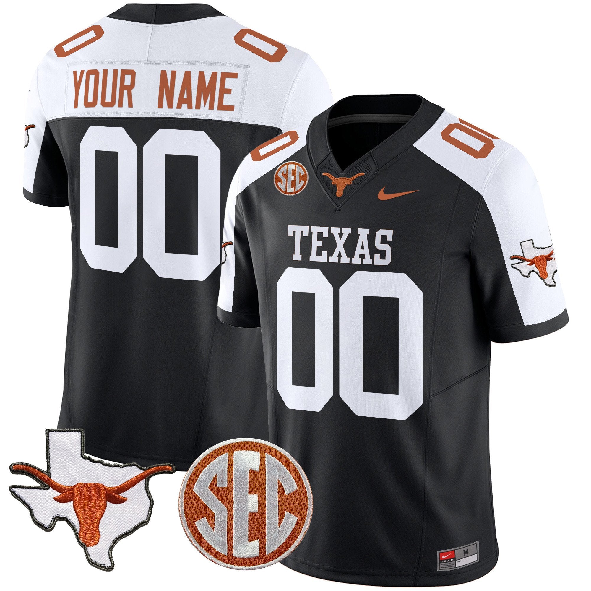 Texas Longhorns State Map & Sec Patch Vapor Limited Custom Jersey V4 - All Stitched