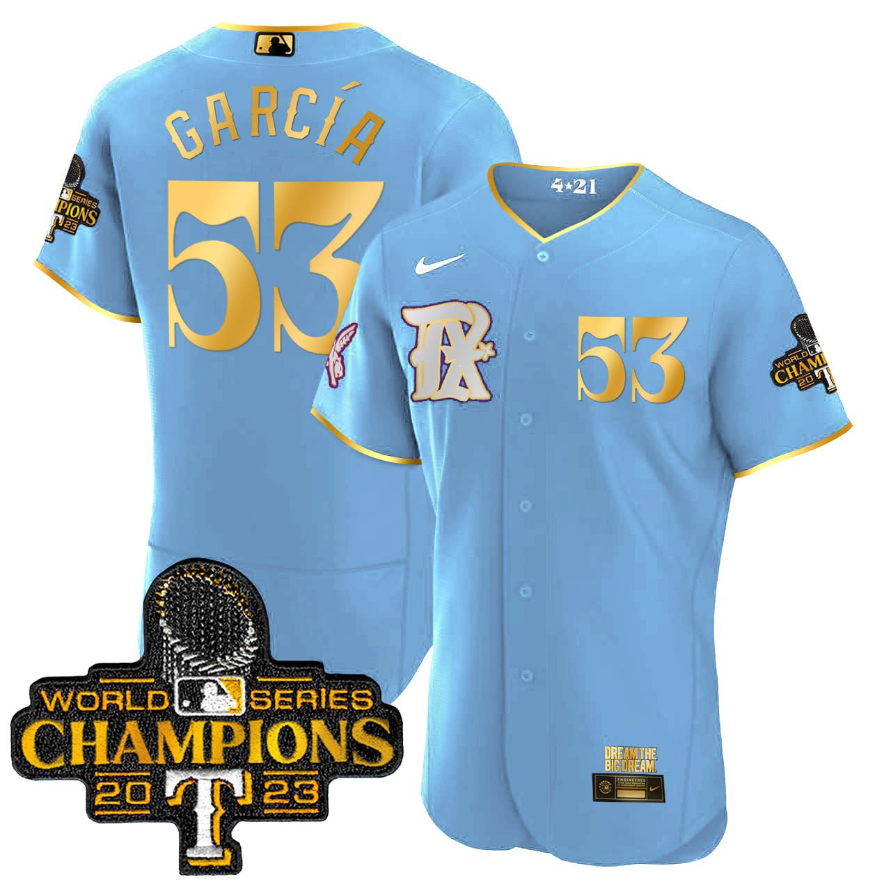 Texas Rangers 2023 World Series Champions Rangers Gold Trim Jersey - All Stitched - Men, Garcia-Powder Blue
