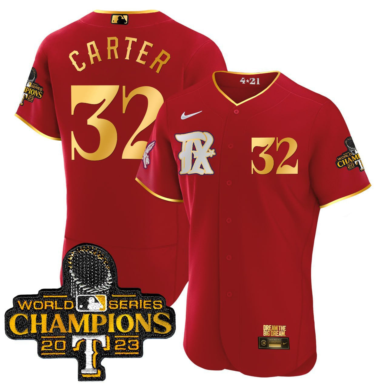 Texas Rangers 2023 World Series Champions Rangers Gold Trim Jersey - All Stitched - Men, Carter-Red