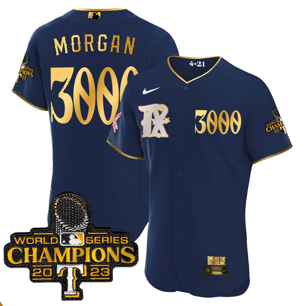 Texas Rangers 2023 World Series Champions Rangers Gold Trim Jersey - All Stitched - Men, Morgan-Dark Navy