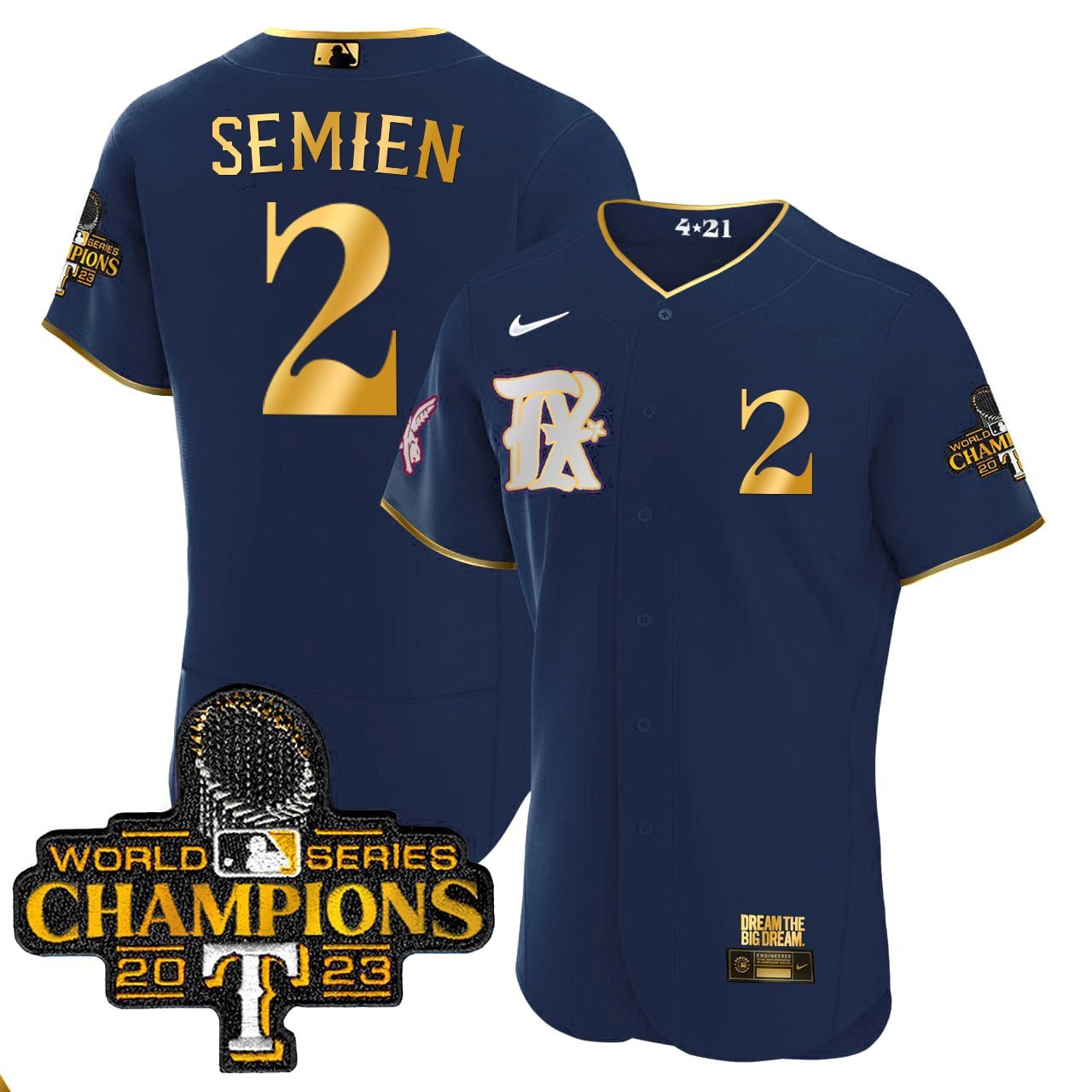 Texas Rangers 2023 World Series Champions Rangers Gold Trim Jersey - All Stitched