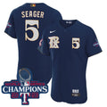 Texas Rangers 2023 World Series Champions Rangers Gold Trim Jersey - All Stitched - Men, Seager-Dark Navy