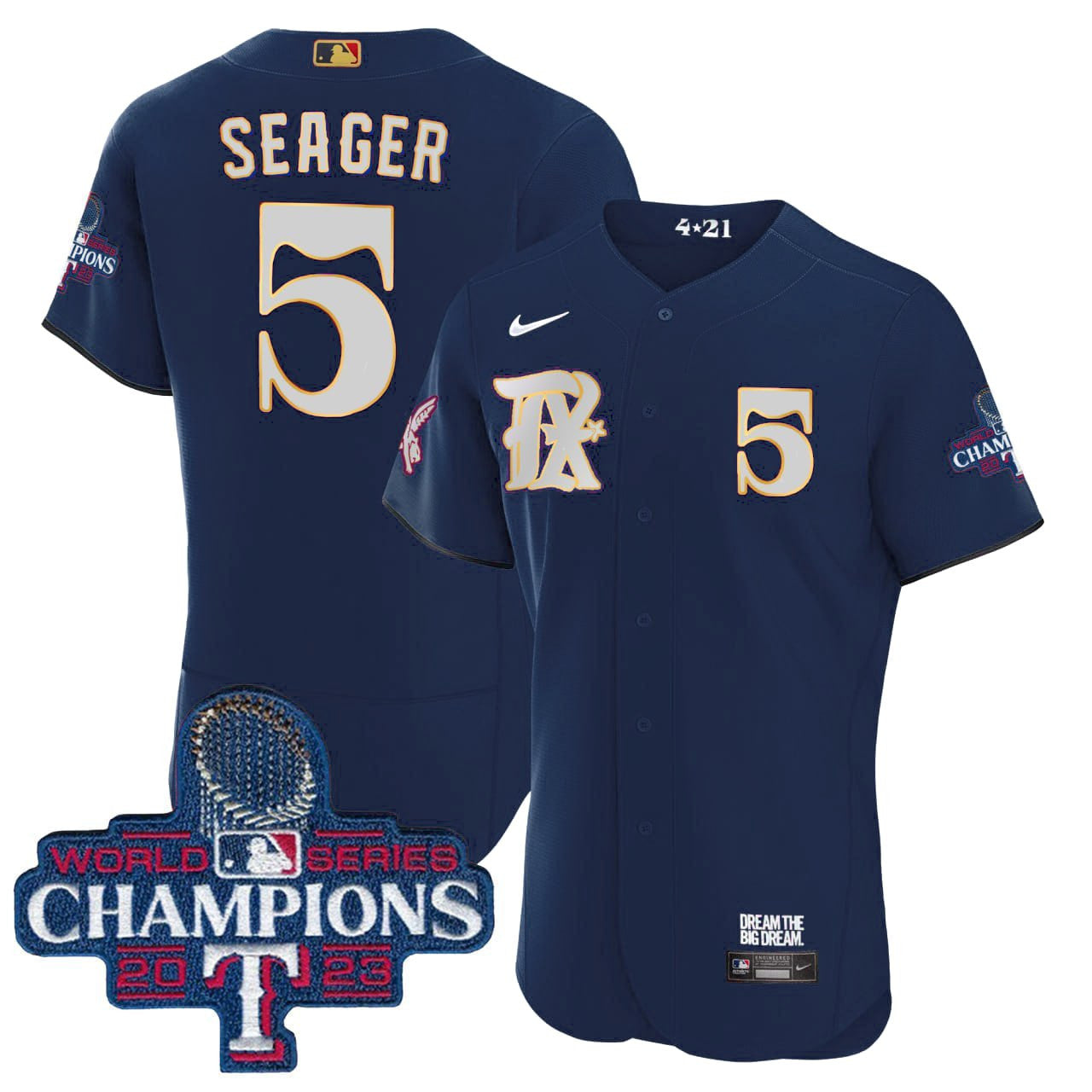 Texas Rangers 2023 World Series Champions Rangers Gold Trim Jersey - All Stitched - Men, Seager-Dark Navy
