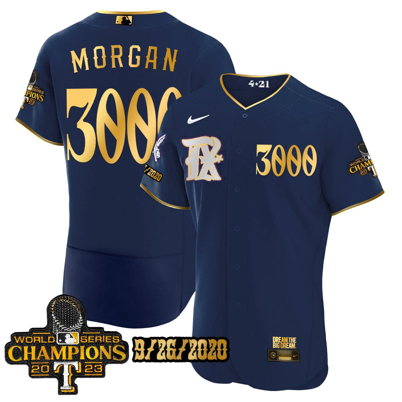 Texas Rangers 2023 World Series Champions Rangers Gold Trim Jersey - All Stitched - Youth, Morgan 9/26/2020-Dark Navy