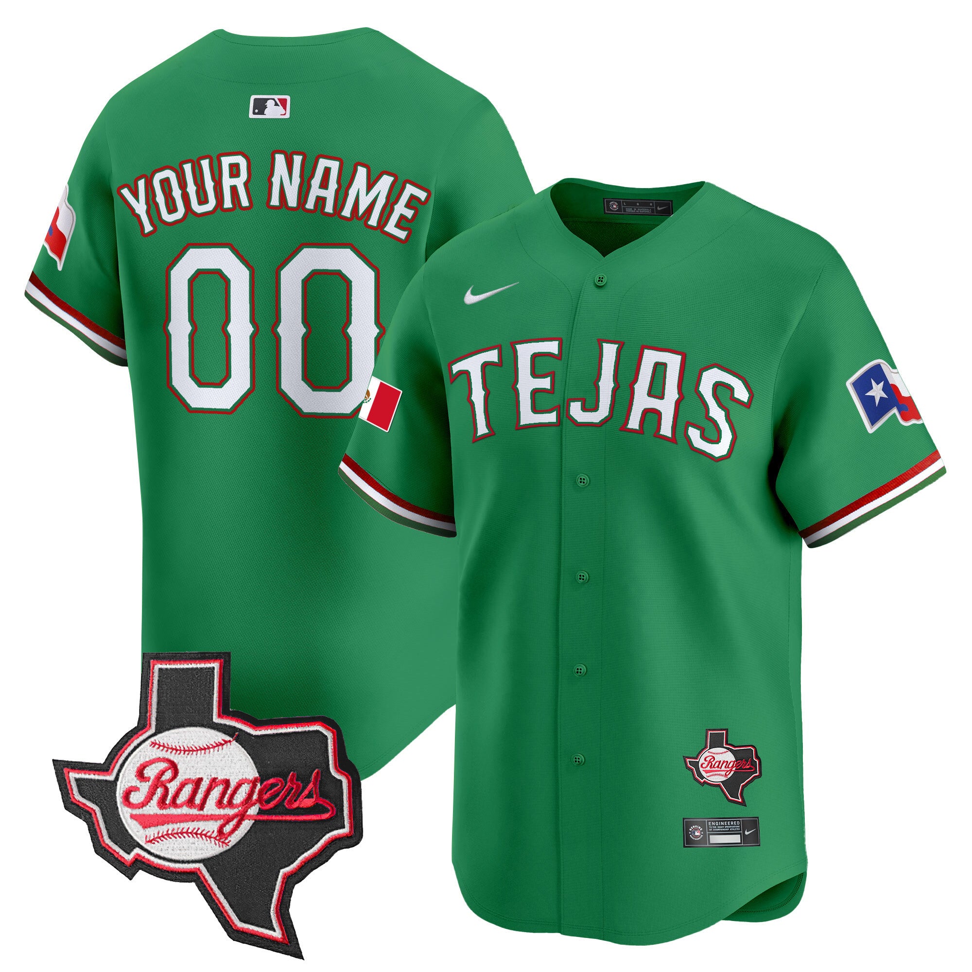 Texas Rangers Mexico Texas Patch Vapor Premier Limited Custom Jersey - All Stitched - Men, Green