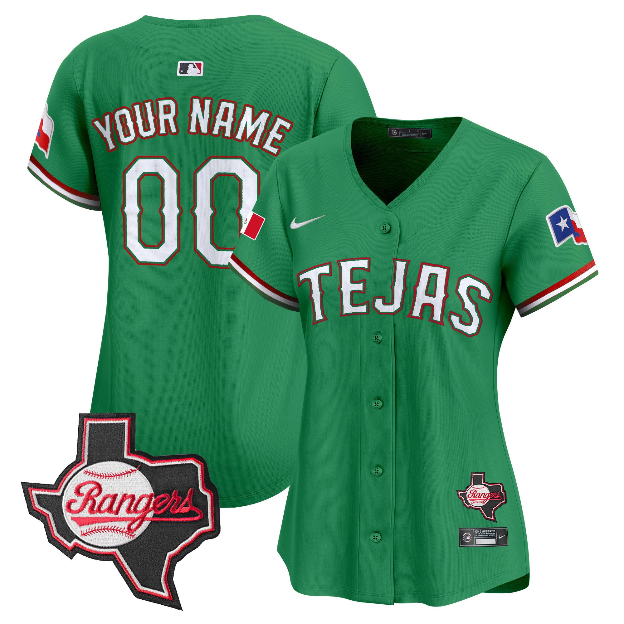Texas Rangers Mexico Texas Patch Vapor Premier Limited Custom Jersey - All Stitched - Women, Green