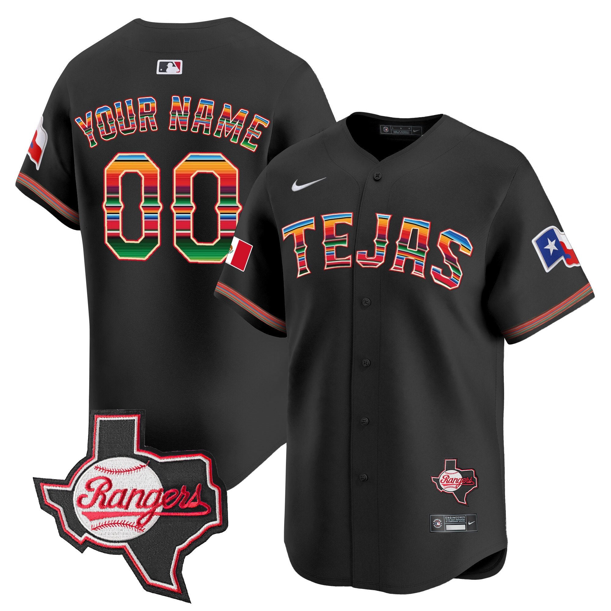 Texas Rangers Mexico Texas Patch Vapor Premier Limited Custom Jersey - All Stitched - Youth, Black