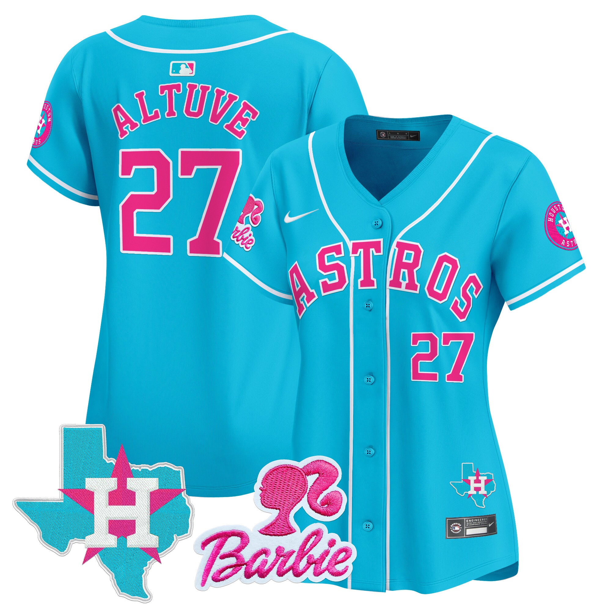 Women's Astros Barbie Patch Vapor Premier Limited Jersey - All Stitched - Light Blue, José Altuve