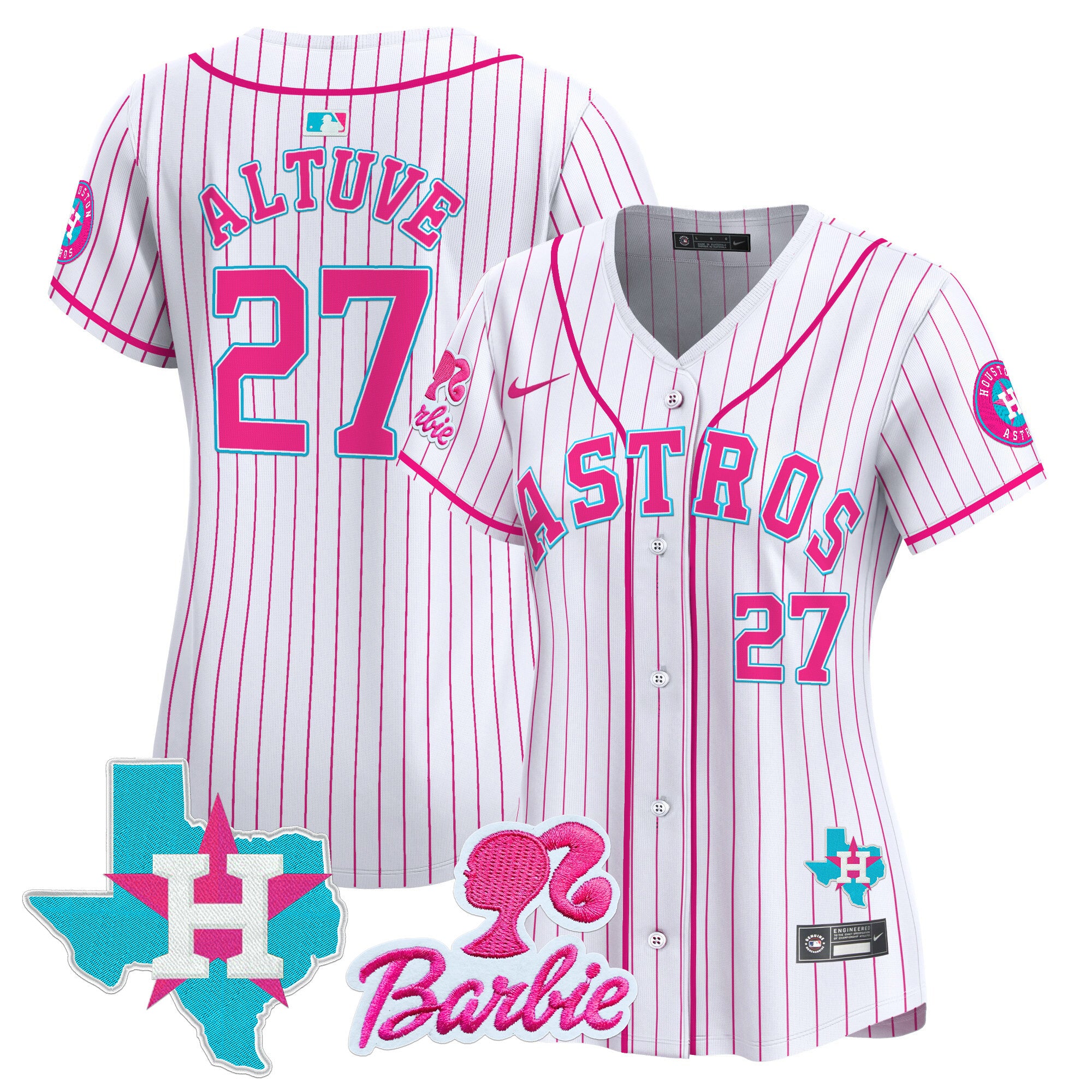Women's Astros Barbie Patch Vapor Premier Limited Jersey - All Stitched - Pink Stripe, José Altuve