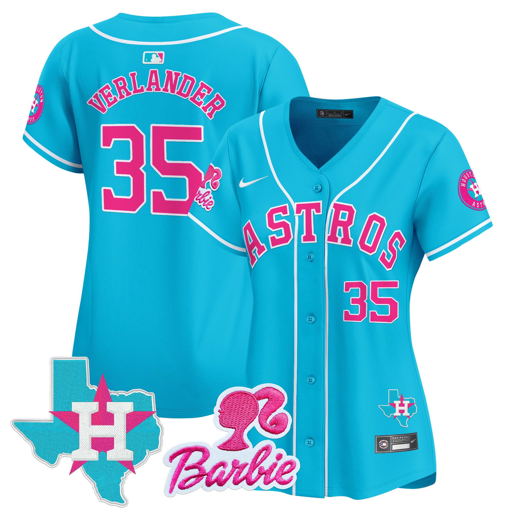 Women's Astros Barbie Patch Vapor Premier Limited Jersey - All Stitched - Light Blue, Justin Verlander