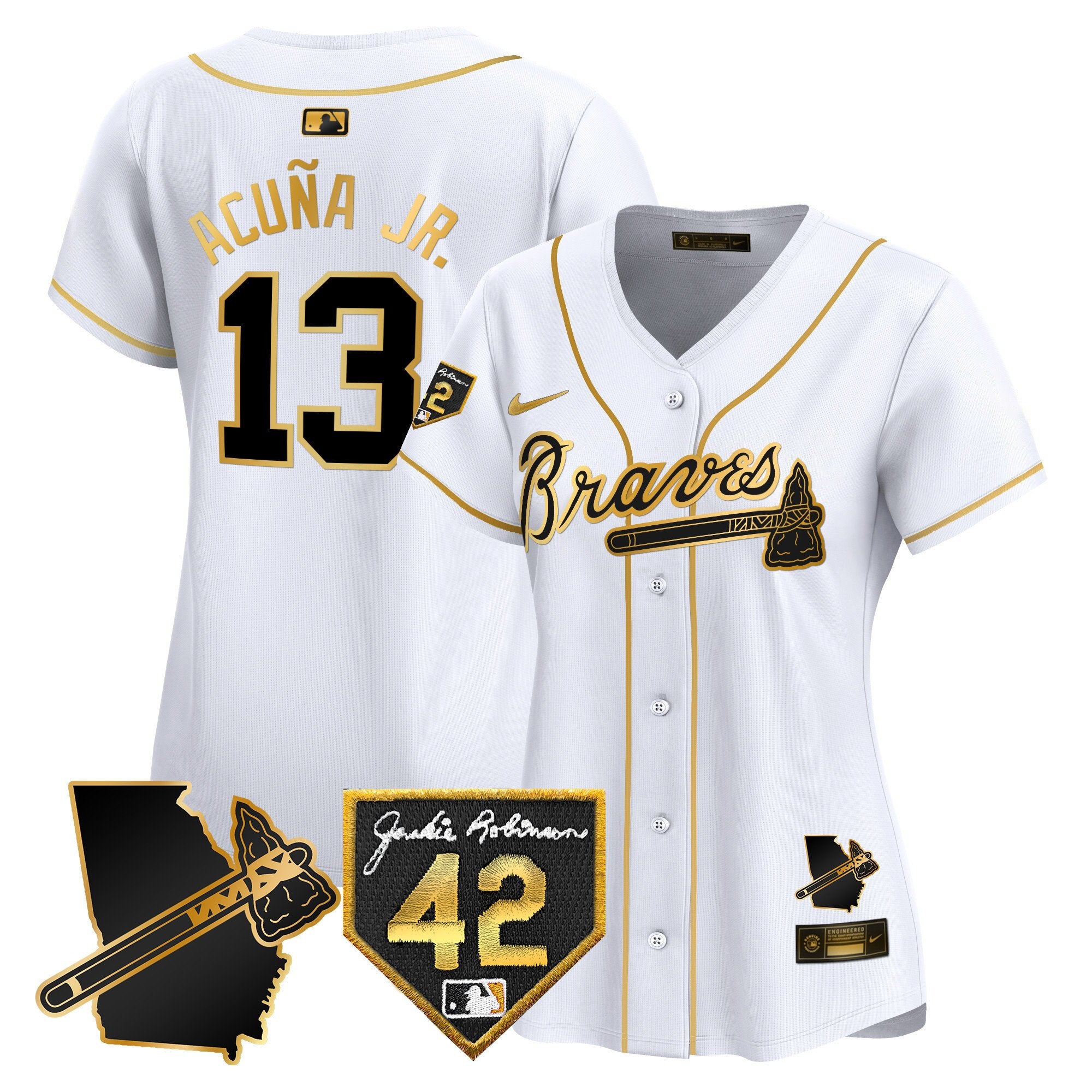 Women's Atlanta Braves 2024 Robinson & Georgia Patch Vapor Premier Limited Jersey - All Stitched - White Gold, Ronald Acuna Jr.