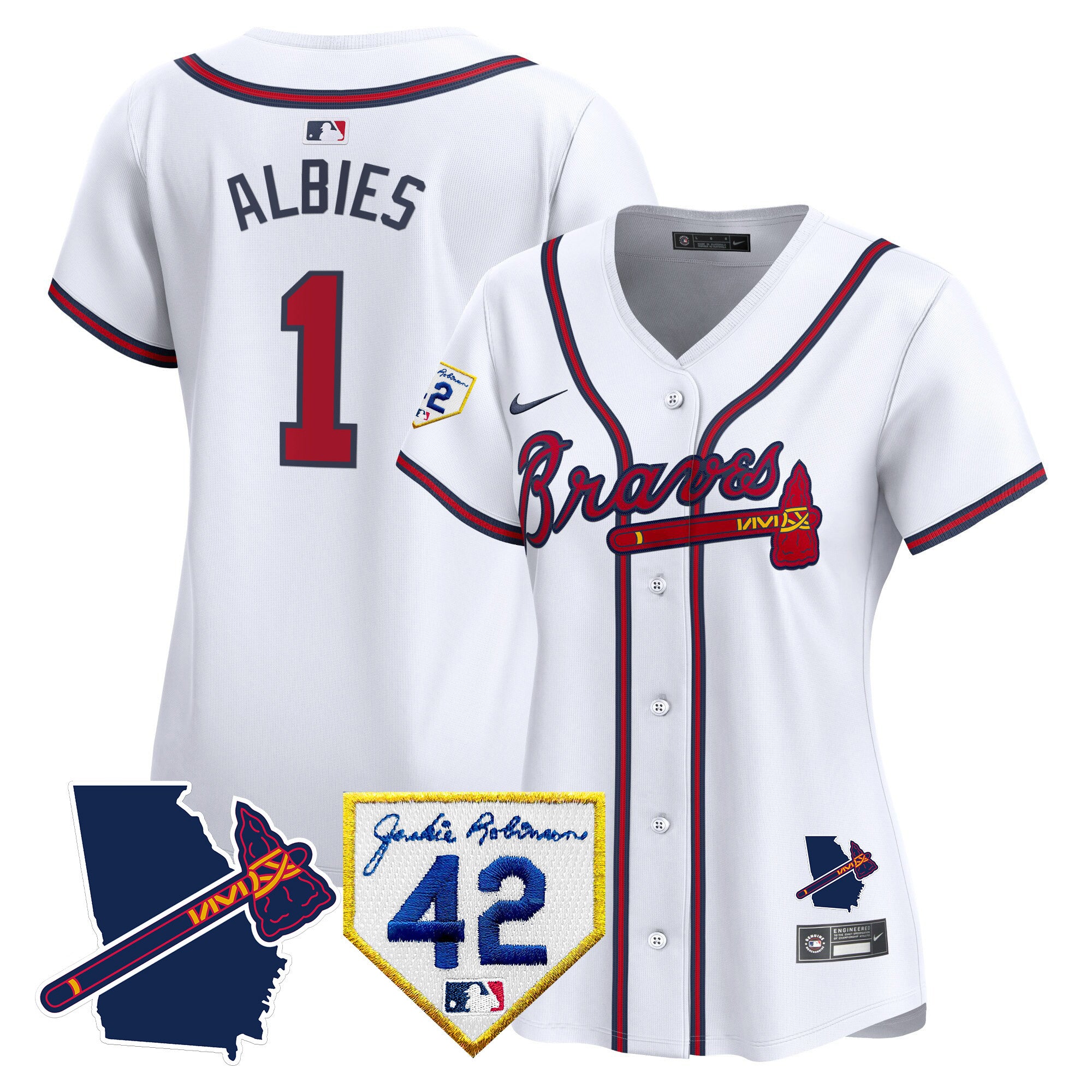 Women's Atlanta Braves 2024 Robinson & Georgia Patch Vapor Premier Limited Jersey - All Stitched - White, Ozzie Albies