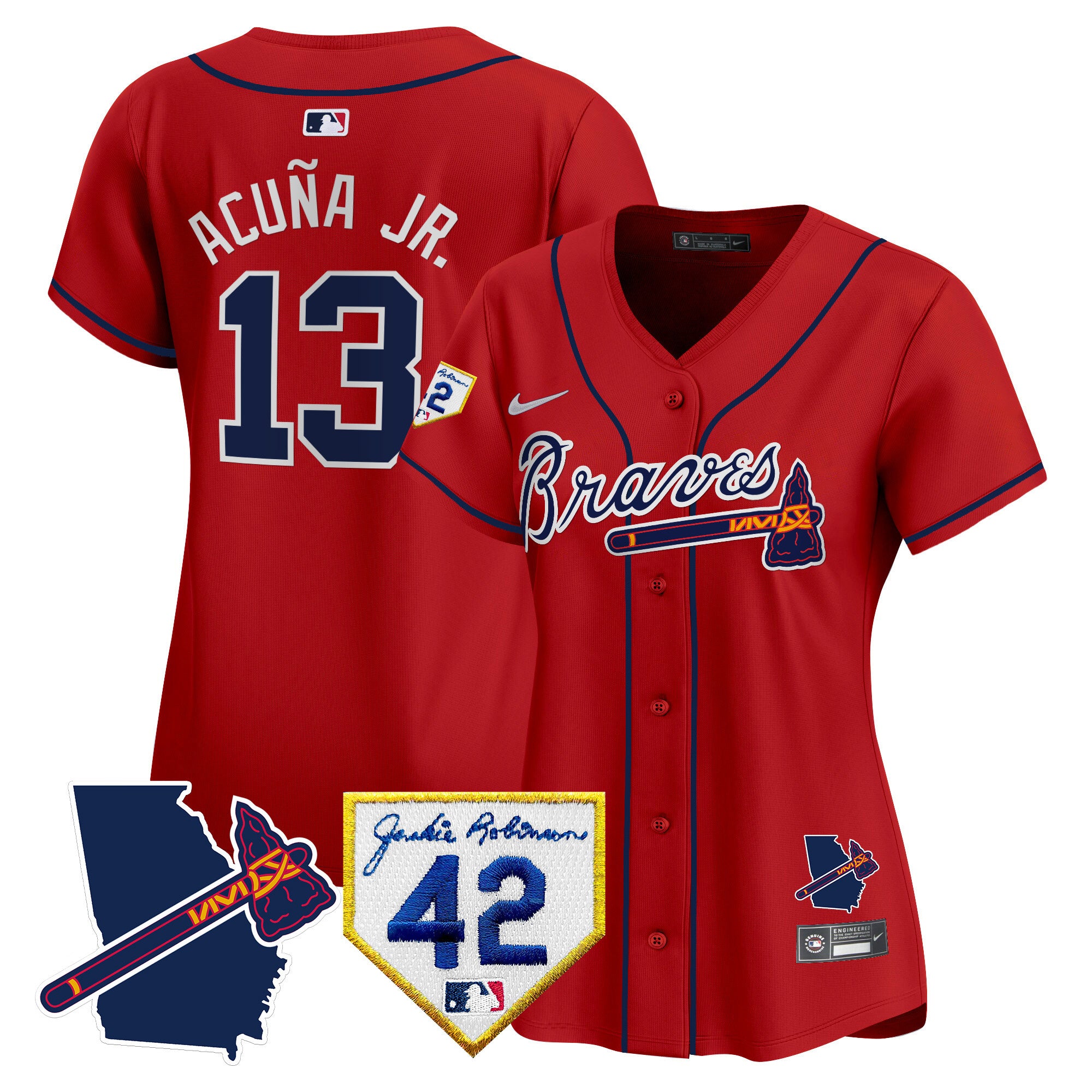 Women's Atlanta Braves 2024 Robinson & Georgia Patch Vapor Premier Limited Jersey - All Stitched - Red, Ronald Acuna Jr.