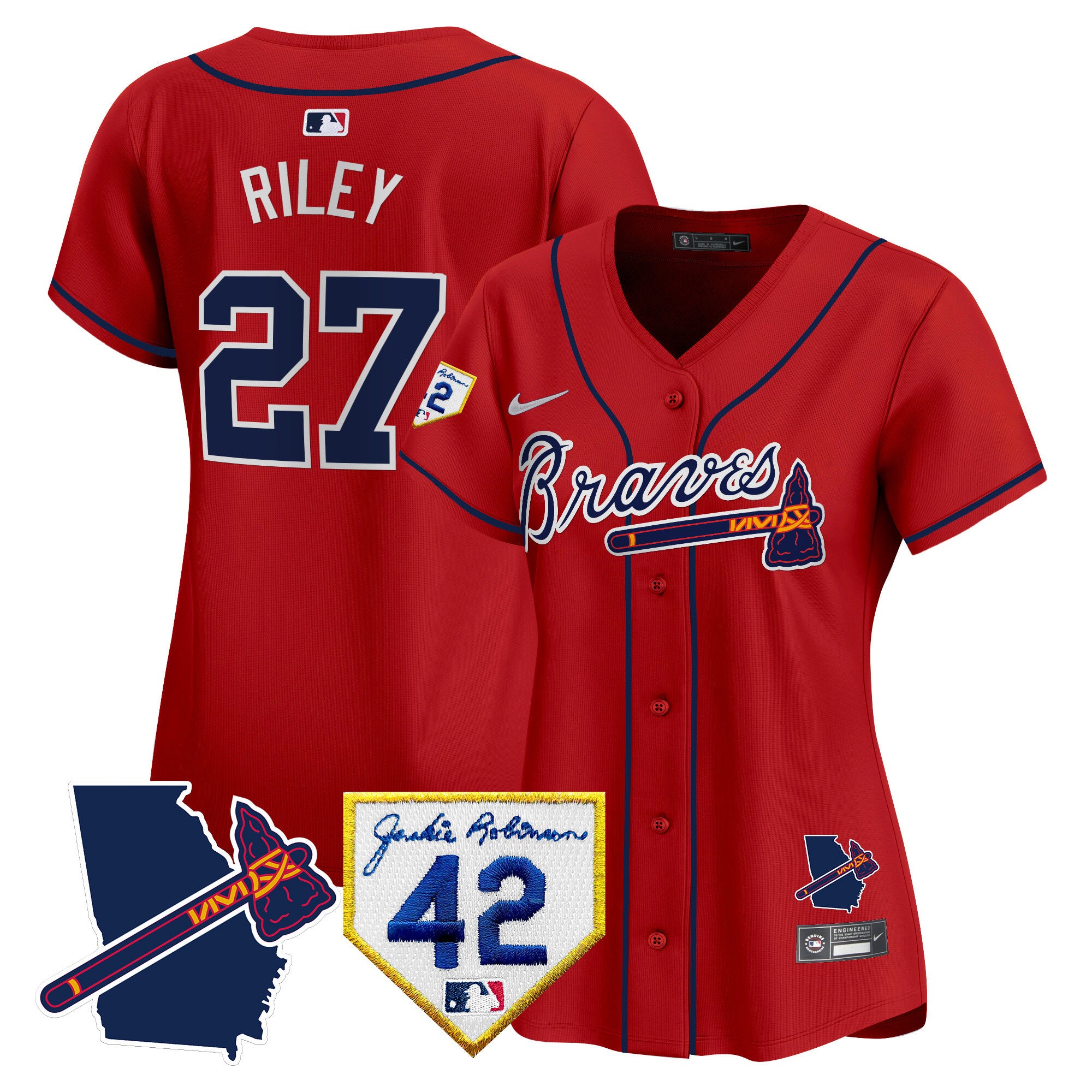 Women's Atlanta Braves 2024 Robinson & Georgia Patch Vapor Premier Limited Jersey - All Stitched - Red, Austin Riley