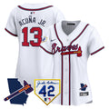 Women's Atlanta Braves 2024 Robinson & Georgia Patch Vapor Premier Limited Jersey - All Stitched - White, Ronald Acuna Jr.