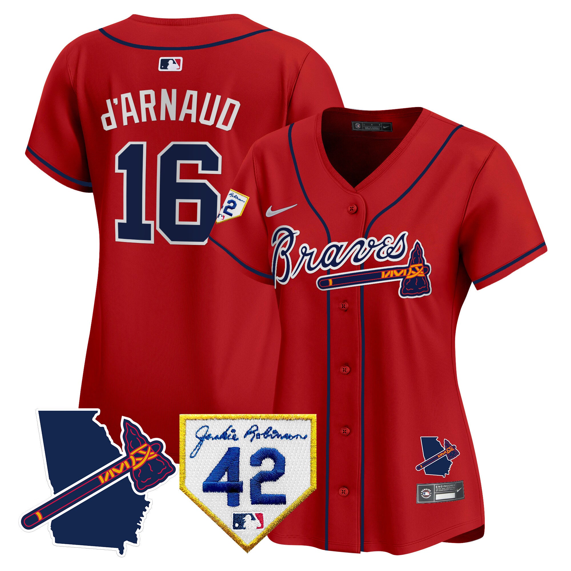 Women's Atlanta Braves 2024 Robinson & Georgia Patch Vapor Premier Limited Jersey - All Stitched - Red, Travis D'Arnaud