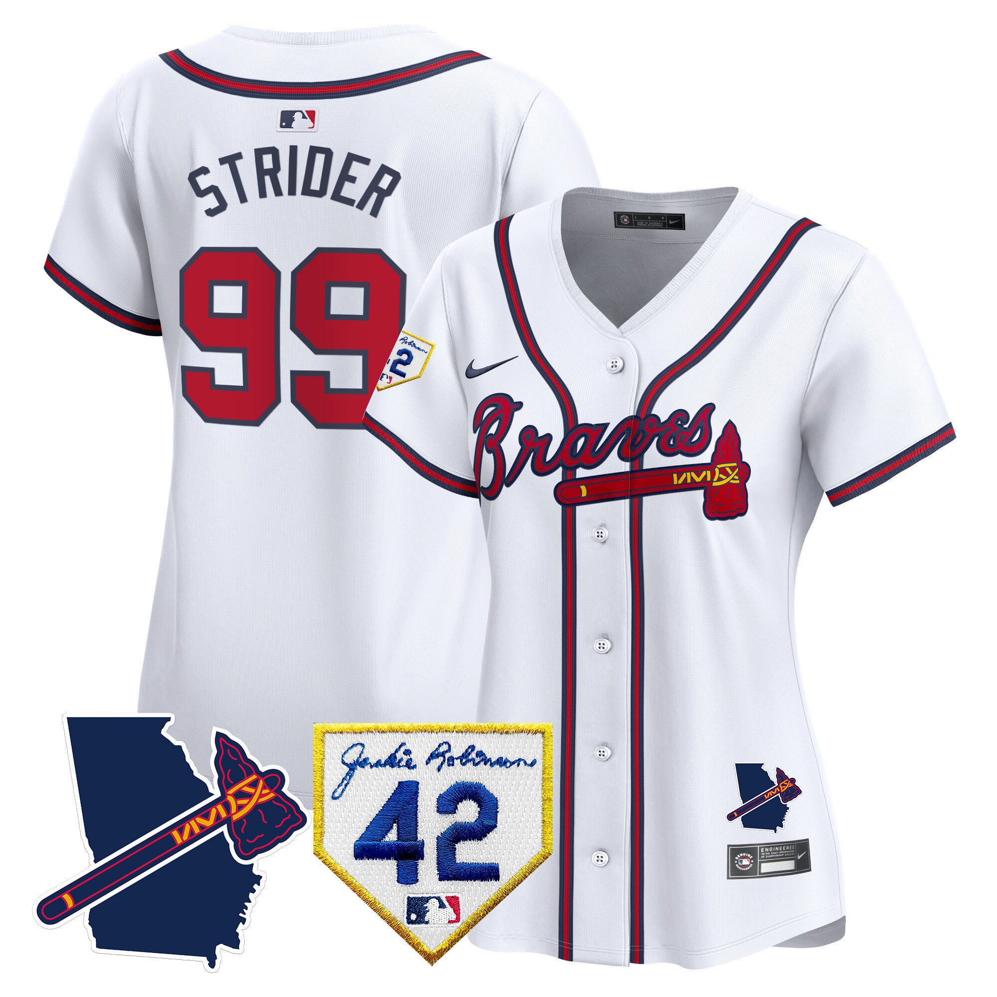 Women's Atlanta Braves 2024 Robinson & Georgia Patch Vapor Premier Limited Jersey - All Stitched - White, Spencer Strider