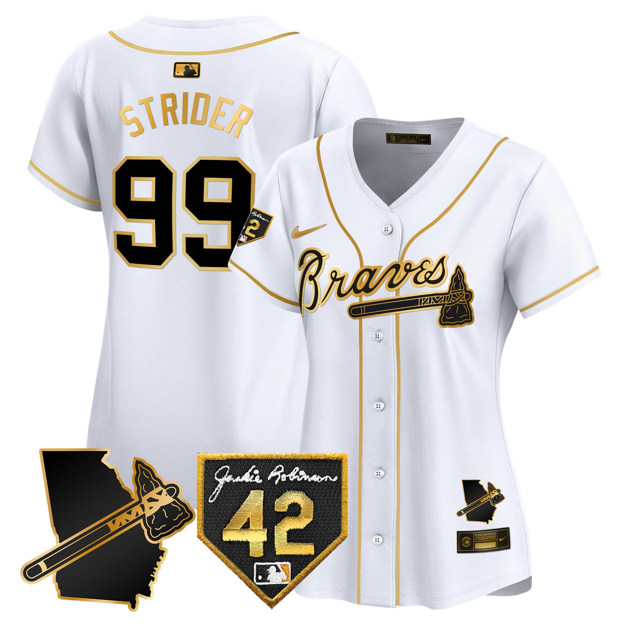 Women's Atlanta Braves 2024 Robinson & Georgia Patch Vapor Premier Limited Jersey - All Stitched - White Gold, Spencer Strider