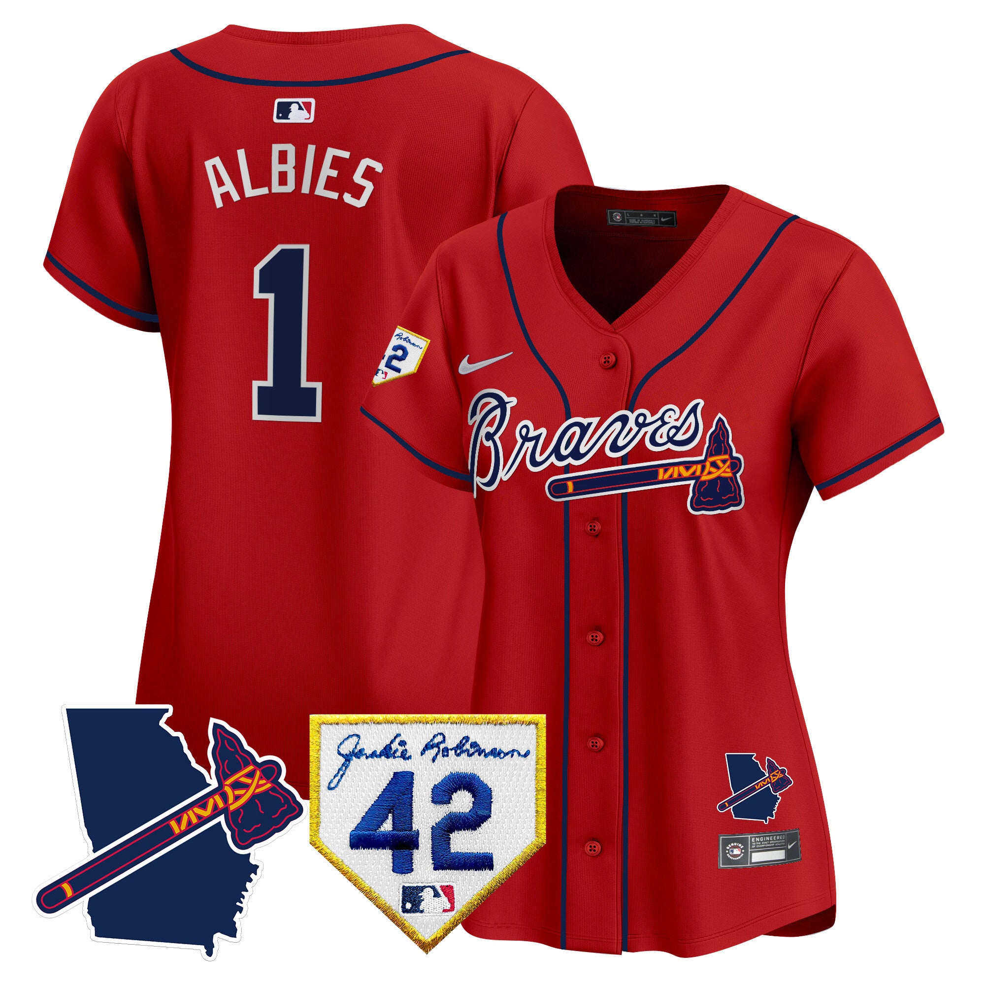 Women's Atlanta Braves 2024 Robinson & Georgia Patch Vapor Premier Limited Jersey - All Stitched - Red, Ozzie Albies