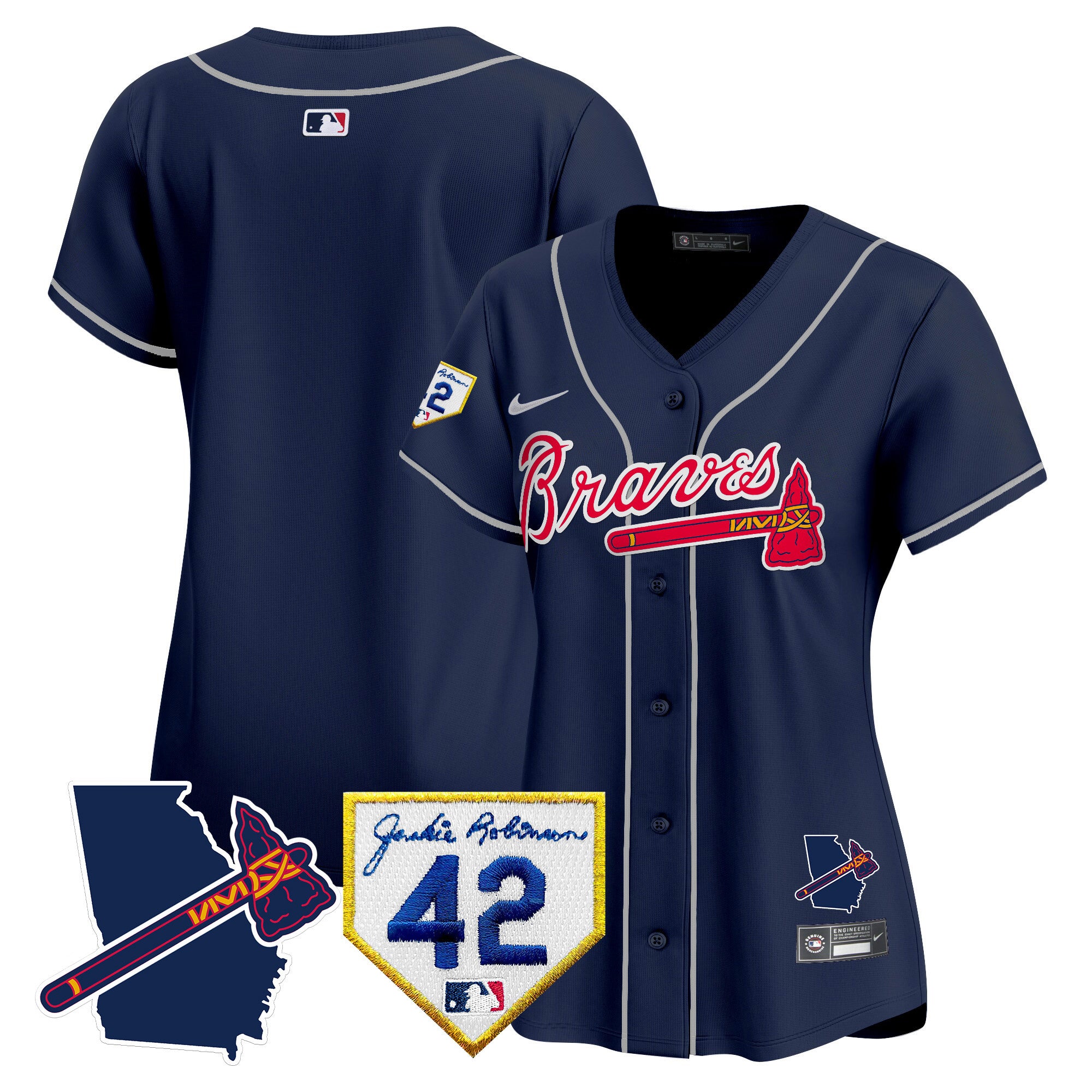 Women's Atlanta Braves 2024 Robinson & Georgia Patch Vapor Premier Limited Jersey - All Stitched - Navy, Team