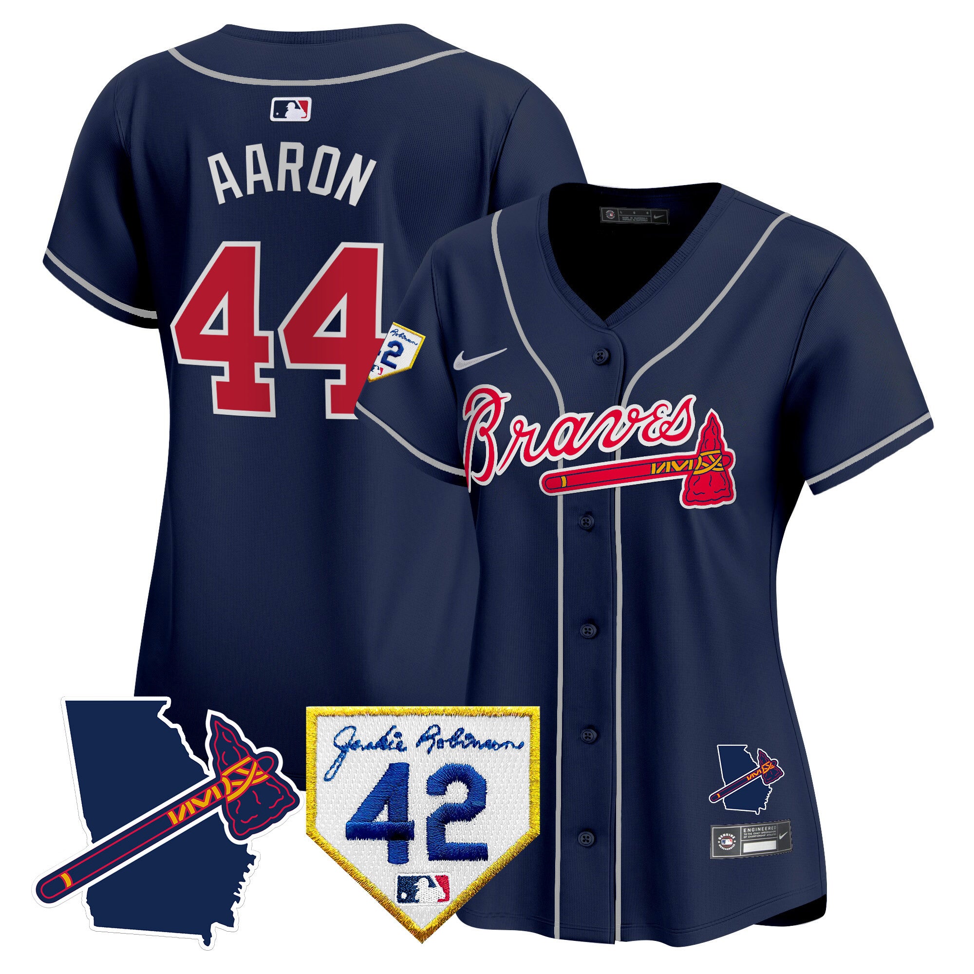 Women's Atlanta Braves 2024 Robinson & Georgia Patch Vapor Premier Limited Jersey - All Stitched - Navy, Hank Aaron