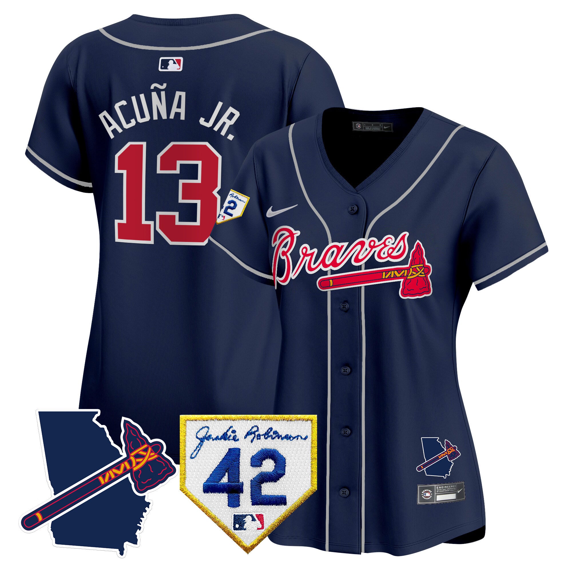 Women's Atlanta Braves 2024 Robinson & Georgia Patch Vapor Premier Limited Jersey - All Stitched - Navy, Ronald Acuna Jr.