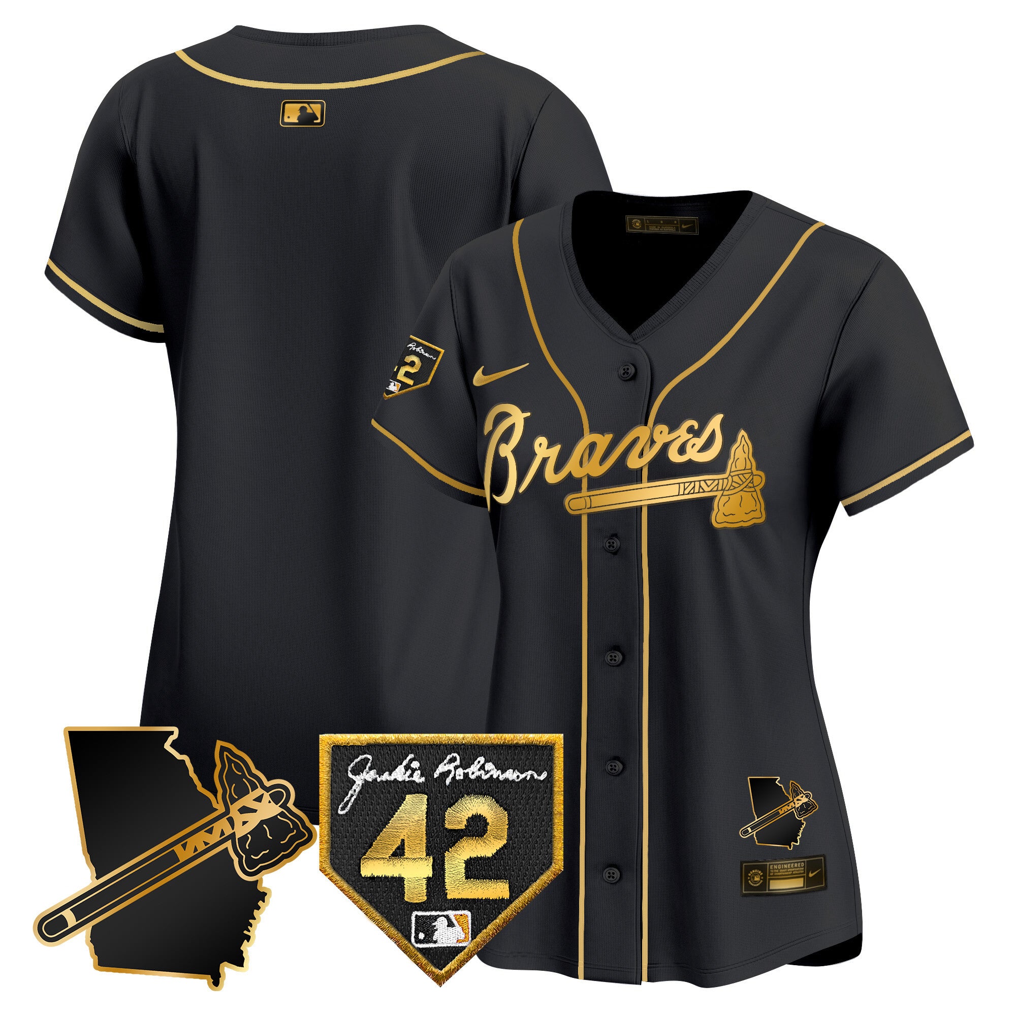 Women's Atlanta Braves 2024 Robinson & Georgia Patch Vapor Premier Limited Jersey - All Stitched - Black Gold, Team